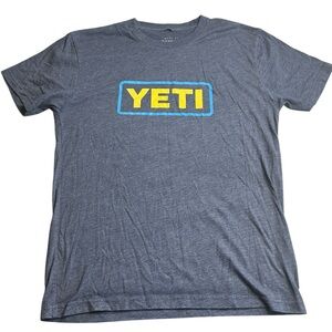 YETI Logo Graphic T-Shirt Gray‎ Heather Blue Yellow Men’s Size Medium